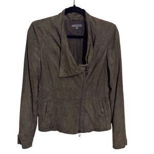 Vince Size Olive Green Suede Leather Moto Jacket Pockets Zipper Long Sleeve